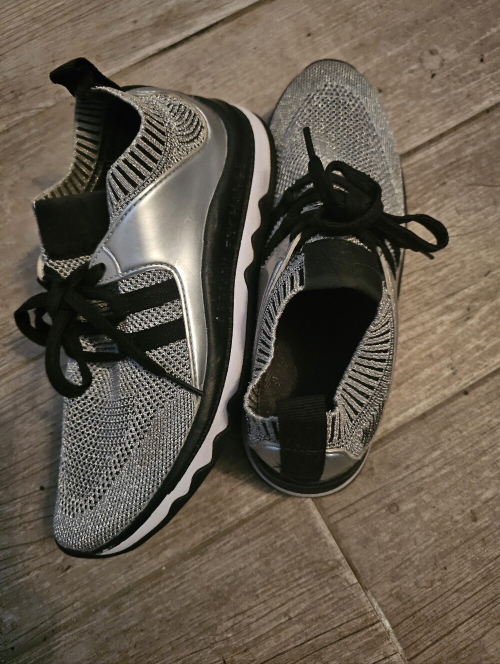 Armani Exchange Lurex Knit Metallic Silver & Black Slip-On Mesh Sneakers